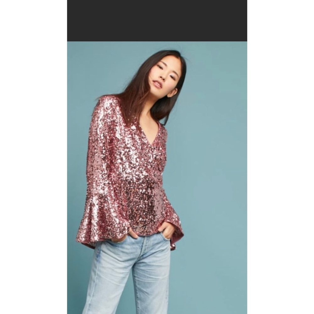 ❤️Moulinette Soeurs Pink Anthropologie Sequin Bell Sleeve Vneck Blouse
